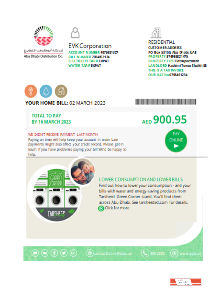 Abu Dhabi Distribution water utility business bill, SCR PSD template